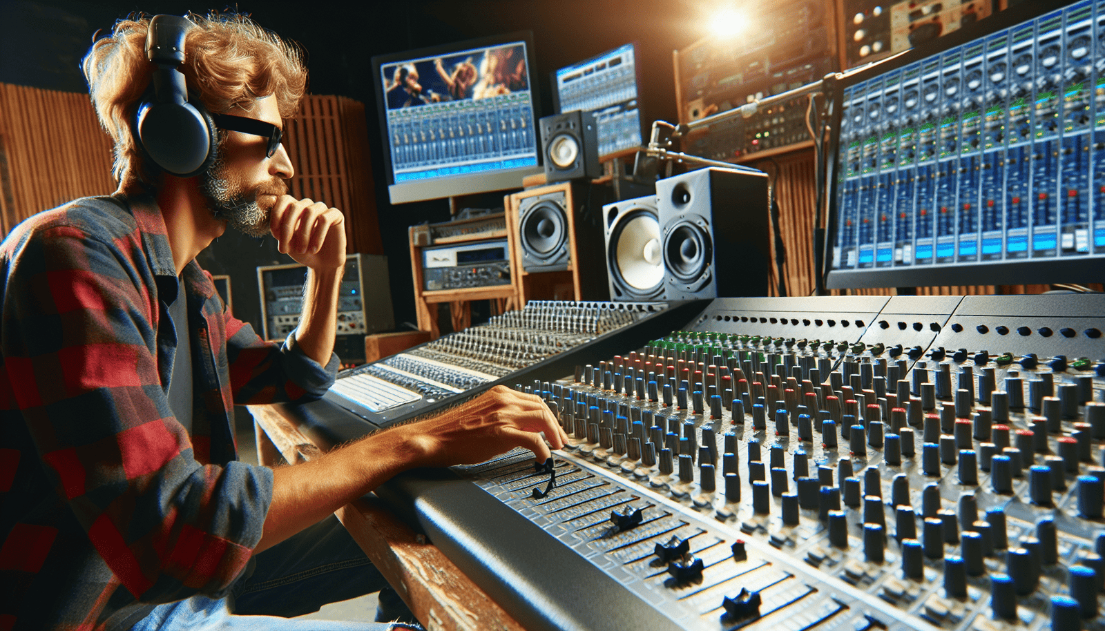 Audio engineer at mixing console